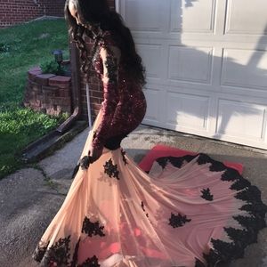 Hand made Burgundy prom dress black and nude lace